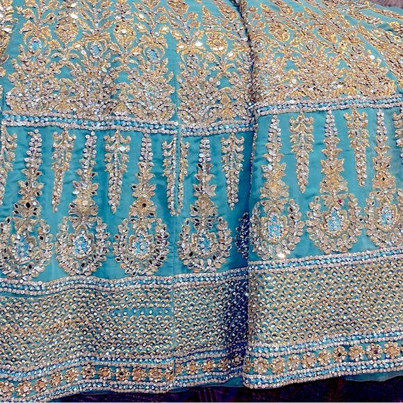 Teal Blue Heavy Lehenga, gold threading with stone and mirror accents - Picture 5 of 9